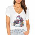 Snowman Reading Book Lovers Christmas Bookworm Librarian Women's Jersey Short Sleeve Deep V-Neck Tshirt