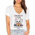 Unearth a Story Cute Kitten Summer Reading 2026 Cat Book Women's Jersey Short Sleeve Deep V-Neck Tshirt