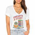 Unearth A Story Cute Turtle Reading Books Librarian Women's Jersey Short Sleeve Deep V-Neck Tshirt