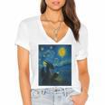 Van Gogh Starry Night Fantasy Reader Dragon Reading Book Women's Jersey Short Sleeve Deep V-Neck Tshirt