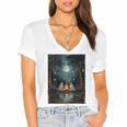 Vintage Ghost Book Reading Camping Gothic Halloween Teachers Women's Jersey Short Sleeve Deep V-Neck Tshirt