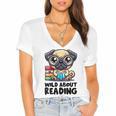 Wild About Reading Book Lover Pug Dog Women's Jersey Short Sleeve Deep V-Neck Tshirt