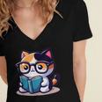 Adorable Book Lover Calico Cat With Reading Glasses Cute For Men Women Kids Women's Jersey Short Sleeve Deep V-Neck Tshirt