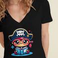 Adorable Book Lover Pirate With Reading Glasses Cute Women's Jersey Short Sleeve Deep V-Neck Tshirt