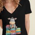 Adorable Donkey With Heart Sitting On Colorful Book Stack Women's Jersey Short Sleeve Deep V-Neck Tshirt Adorable Donkey With Heart Sitting On Colorful Book Stack Women's Jersey Short Sleeve Deep V-Neck Tshirt