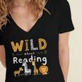 Animal Print Read A Book Character Kids Wild About Reading Women's Jersey Short Sleeve Deep V-Neck Tshirt
