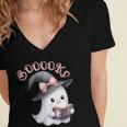 Boo Ghost Books Coquette Bow Halloween Women School Teacher Women's Jersey Short Sleeve Deep V-Neck Tshirt