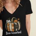 Boo-Kmarked Fall Pumpkin Books Halloween Teacher Teaching Women's Jersey Short Sleeve Deep V-Neck Tshirt