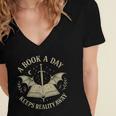 A Book A Day Keeps Reality Away Reading Escape Quote Women's Jersey Short Sleeve Deep V-Neck Tshirt
