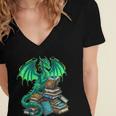Book Dragon Reading Fantasy Women's Jersey Short Sleeve Deep V-Neck Tshirt