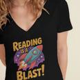 Book Lover Kids And Adults Reading Is a Blast Rocket Ship Women's Jersey Short Sleeve Deep V-Neck Tshirt
