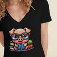 Book Lover Reading Pig Women's Jersey Short Sleeve Deep V-Neck Tshirt