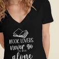 Book Lovers Never Go To Bed Alone Bibliophile Humor Women's Jersey Short Sleeve Deep V-Neck Tshirt