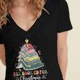 All Booked For Christmas Book Tree Lights Christmas Library Women's Jersey Short Sleeve Deep V-Neck Tshirt