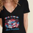 Books Fireworks And Freedom Independence Day Book Lover Women's Jersey Short Sleeve Deep V-Neck Tshirt