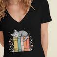 Books Lover Cute Sleepy Cat Relax Reading Vibe Women's Jersey Short Sleeve Deep V-Neck Tshirt