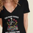 Too Many Books Not Enough Time Skeleton Flowers Reader Women's Jersey Short Sleeve Deep V-Neck Tshirt