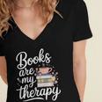 Books Are My Therapy Book Lover Coffee Books Flowers Bookish Women's Jersey Short Sleeve Deep V-Neck Tshirt