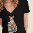 Bookworm Corgi Reading Books Drinking Coffee Dog Lover Women's Jersey Short Sleeve Deep V-Neck Tshirt