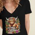 Bookworm Cute Highland Cow Reading Book Women's Jersey Short Sleeve Deep V-Neck Tshirt