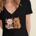 Capybara Axolotl Kawaii Kids Anime Book Lover Reading Women's Jersey Short Sleeve Deep V-Neck Tshirt