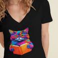 Cat Book Shirt Colorful Cat Reading Book Women's Jersey Short Sleeve Deep V-Neck Tshirt