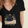 Cat On Open Book Mushrooms Ferns Dark Academia Women's Jersey Short Sleeve Deep V-Neck Tshirt