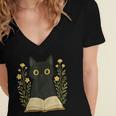 Cat Reading Book Flowers Women's Jersey Short Sleeve Deep V-Neck Tshirt