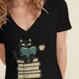 Cat Reading Book Women's Jersey Short Sleeve Deep V-Neck Tshirt