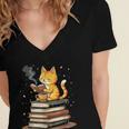 Cat Reading Books Women's Jersey Short Sleeve Deep V-Neck Tshirt
