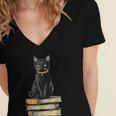 Cat Sitting On Books Women's Jersey Short Sleeve Deep V-Neck Tshirt