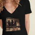 Cats Antique Books Academia Library Aesthetic Bookworm Women's Jersey Short Sleeve Deep V-Neck Tshirt