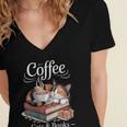 Coffee Cats And Books Cozy Calico Reader Love Cute Cat Women's Jersey Short Sleeve Deep V-Neck Tshirt