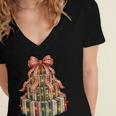 Coquette Christmas Book Tree Xmas Lights Librarian Teacher Women's Jersey Short Sleeve Deep V-Neck Tshirt Coquette Christmas Book Tree Xmas Lights Librarian Teacher Women's Jersey Short Sleeve Deep V-Neck Tshirt