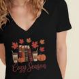 Cozy Season Autumn Leaves Books Pumpkins Fall Halloween Women's Jersey Short Sleeve Deep V-Neck Tshirt