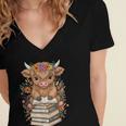 Cute Baby Highland Cow Reading Book Librarian Bookworm Women's Jersey Short Sleeve Deep V-Neck Tshirt