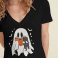Cute Ghost Reading Book Spooky Season Halloween Costume Kids Women's Jersey Short Sleeve Deep V-Neck Tshirt