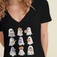 Cute Ghost Reading Books Teacher Halloween Reading Men Women Kids Women's Jersey Short Sleeve Deep V-Neck Tshirt