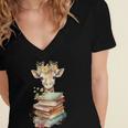 Cute Giraffe With Book Floral Bookworm Librarian Book Lover Women's Jersey Short Sleeve Deep V-Neck Tshirt
