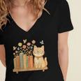 Cute Kawaii Cat Books Flowers Women's Jersey Short Sleeve Deep V-Neck Tshirt Cute Kawaii Cat Books Flowers Women's Jersey Short Sleeve Deep V-Neck Tshirt
