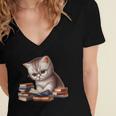 Cute Kitten Bookworm Adorable Cat With Glasses Reading Book Women's Jersey Short Sleeve Deep V-Neck Tshirt Cute Kitten Bookworm Adorable Cat With Glasses Reading Book Women's Jersey Short Sleeve Deep V-Neck Tshirt