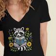 Cute Raccoon Reading Book Flowers Women's Jersey Short Sleeve Deep V-Neck Tshirt