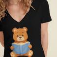 Cute Teddy Bear Reading Book Adorable For Readers Women's Jersey Short Sleeve Deep V-Neck Tshirt