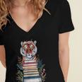 Cute Tiger With Book Floral Bookworm Librarian Book Lover Women's Jersey Short Sleeve Deep V-Neck Tshirt