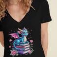 Dragons And Books Dragon Reading Book Lover Girl Bookworm Women's Jersey Short Sleeve Deep V-Neck Tshirt