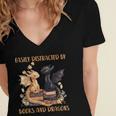 Easily Distracted By Books & Dragons Librarian Book Lover Women's Jersey Short Sleeve Deep V-Neck Tshirt
