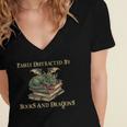 Easily Distracted By Books And Dragons Graphic Women's Jersey Short Sleeve Deep V-Neck Tshirt