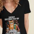 Easily Distracted By Cats And Books Book Lover Cat Women's Jersey Short Sleeve Deep V-Neck Tshirt