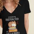 Easily Distracted By Cats And Books Reading Lover Bookish Women's Jersey Short Sleeve Deep V-Neck Tshirt