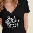 Easily Distracted By Chickens And Books Farm Women's Jersey Short Sleeve Deep V-Neck Tshirt